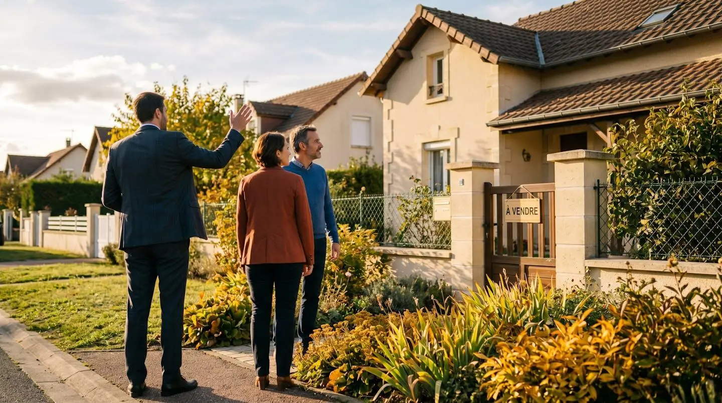 Agent immobilier montrant une maison individuelle à un couple vu de dos, scène extérieure avec lumière dorée naturelle symbolisant l'accompagnement personnalisé des agences indépendantes.