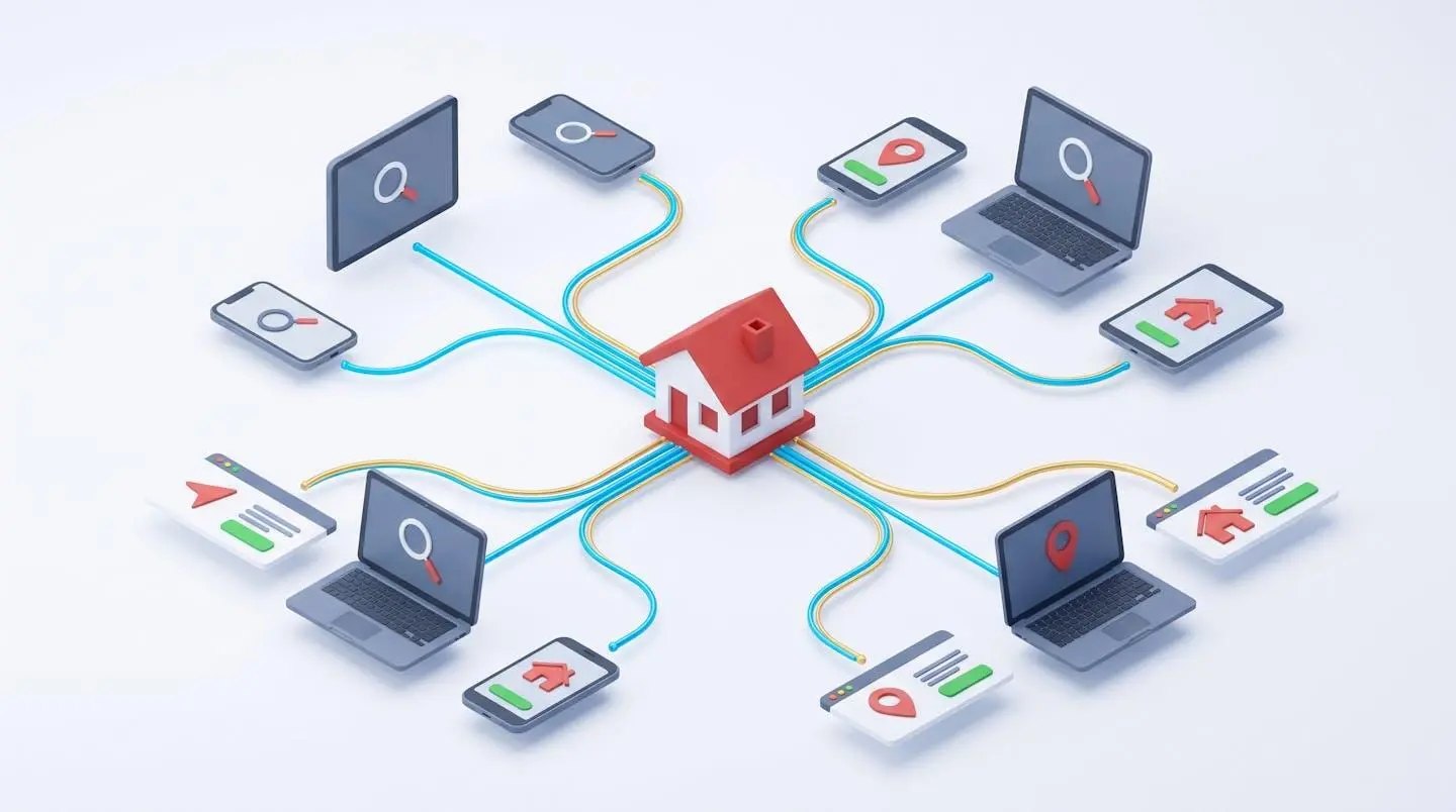 Illustration 3D isométrique d'une maison au centre avec des lignes de connexion lumineuses vers des écrans et portails immobiliers, symbolisant la diffusion multi-canal des réseaux nationaux.
