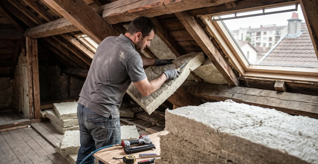 Artisan certifié RGE installant isolation thermique en laine de roche dans combles de maison française, charpente bois traditionnelle apparente, outils professionnels au premier plan, lumière naturelle douce
