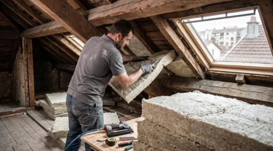 Artisan certifié RGE installant isolation thermique en laine de roche dans combles de maison française, charpente bois traditionnelle apparente, outils professionnels au premier plan, lumière naturelle douce