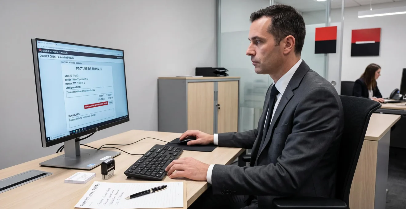 Conseiller bancaire Société Générale validant facture de travaux affichée sur écran ordinateur, dossier client ouvert, bureau agence contemporaine sobre, éclairage LED neutre, mentions facture en français