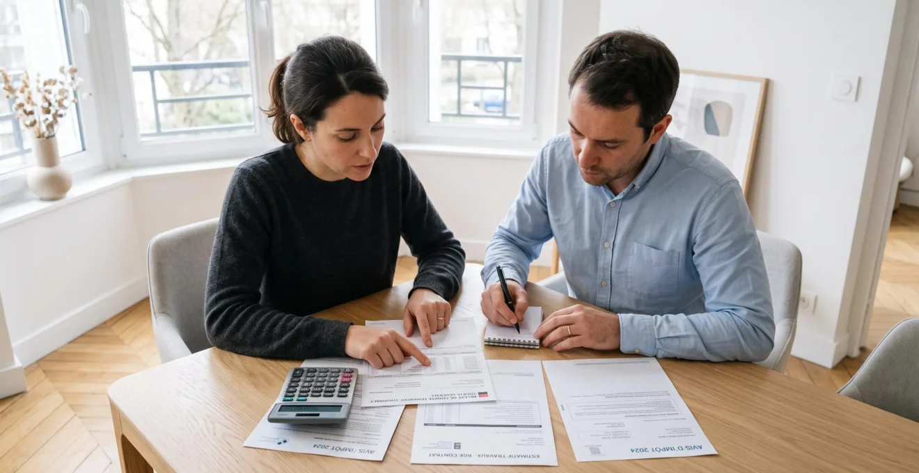 Couple français examinant documents PEL Société Générale sur table contemporaine claire, relevé compte épargne logement, calculatrice, devis RGE, intérieur lumineux avec baie vitrée, geste naturel de vérification